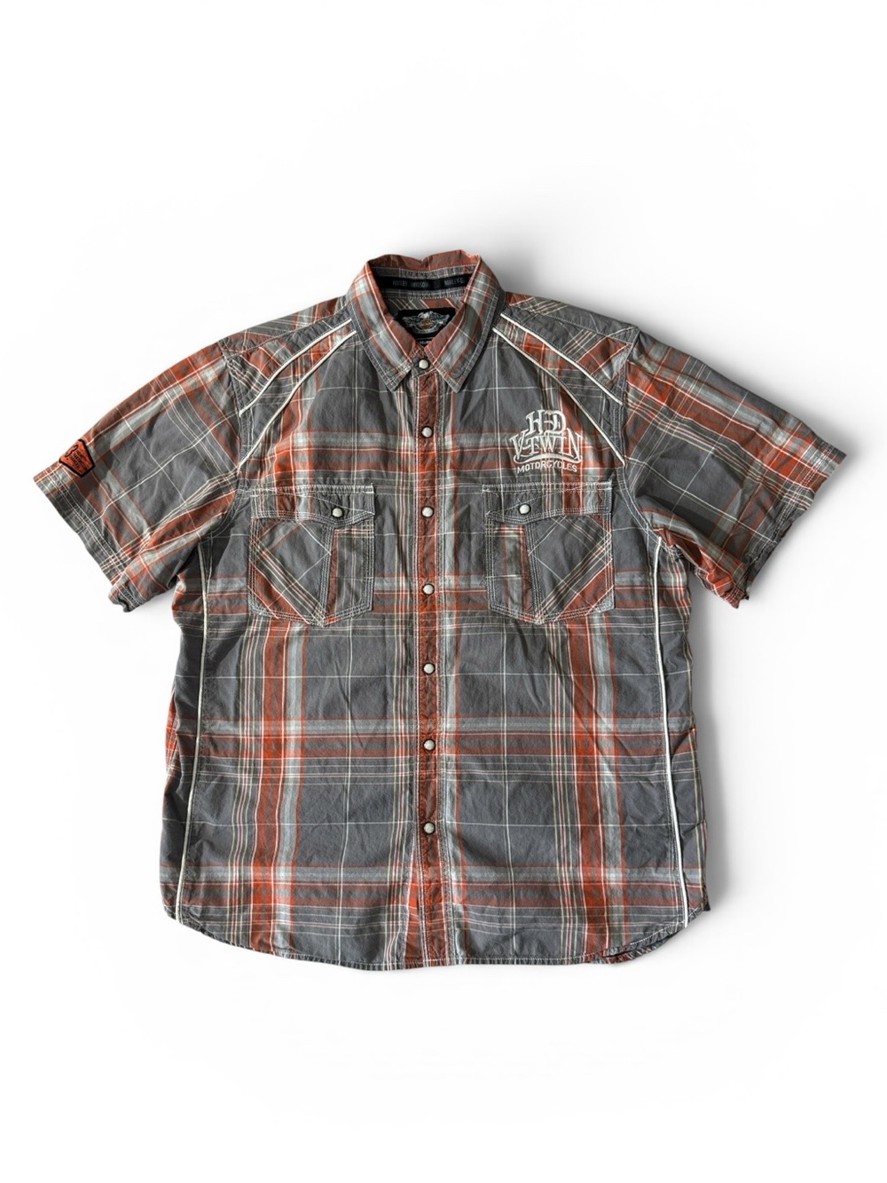 Harley Davidson men XL orange gray plaid pearl snap short sleeve button up shirt
